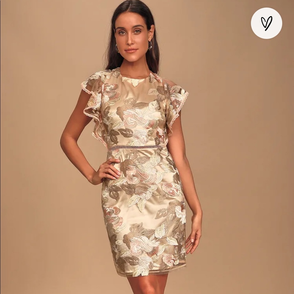 High Tea Champagne Embroidered Ruffled Dress